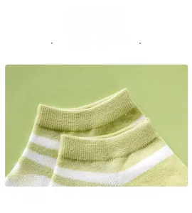 Close-up of green striped knit ankle sock with high-elastic ribbed cuff detail