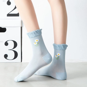 Light blue mesh socks with daisy embroidery and ruffled cuffs for summer wear
