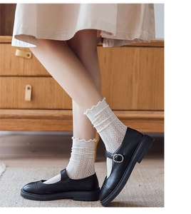 Detail of breathable white lace mesh socks with ruffled cuffs paired with Mary Jane shoes