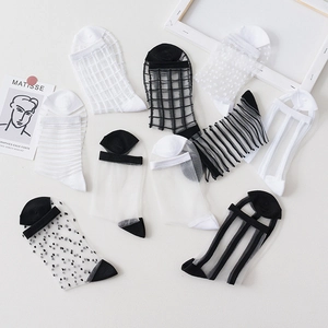 Ultrathin sheer crew socks set with minimalist black and white geometric patterns