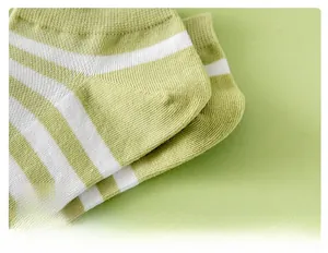 Detail view of the reinforced avocado green striped sock heel with premium knit texture