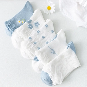 5-pair set of women's blue and white cotton socks with floral embroidery and ruffled cuffs