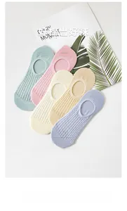 Detail of five-pair cotton invisible socks set in various pastel colors and ribbed texture