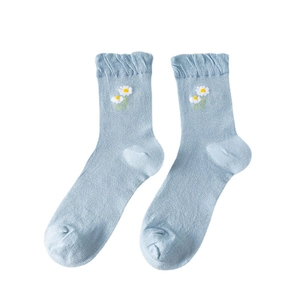 Light blue mid-calf cotton socks with daisy embroidery and wavy ruffle cuff for women