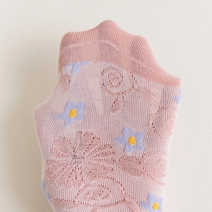 Pink floral mesh boat socks with breathable lace and cute blue flower patterns for women