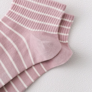Pink and white striped cotton low cut socks with ribbed cuffs for women summer style