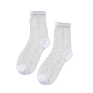 Sheer white mesh crew socks featuring elegant polka dots and reinforced toe for summer