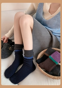 Detailed view of thick knit wool socks showing ribbed texture and mixed color patterns