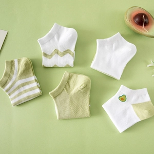 Five pairs of avocado green and white cotton low cut socks with cute embroidery patterns