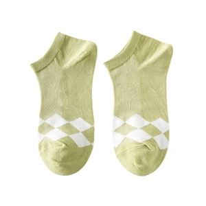 Avocado green women low cut cotton socks with white diamond pattern and ribbed cuffs