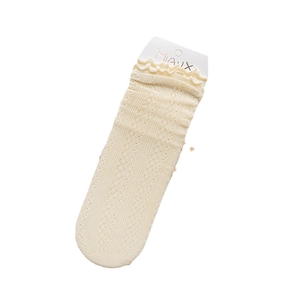 Breathable cream white lace crew socks with floral patterns and ruffled cuff design