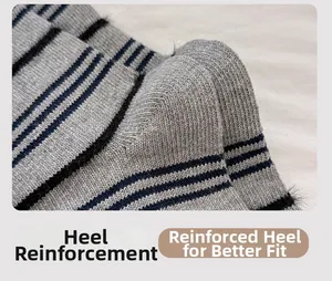Detail view of reinforced heel on gray striped mink cashmere socks for durability