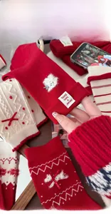Detail der roten Wollsocke mit Plüschhund-Stickerei und roter Bandschleife
