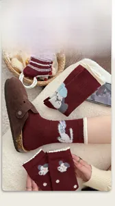 Close-up of thick winter wool socks in wine red with cute cartoon dog embroidery