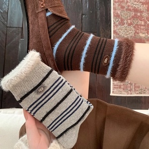 Winter mink velvet crew socks with plush trim and striped patterns in autumn colors