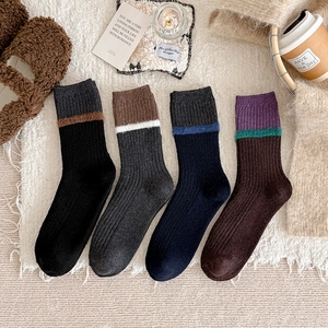 Women Japanese Style Wool Blend Mid-Calf Socks Winter Warm Thickened Color Block Striped Slouch Socks Soft Daily Hosiery