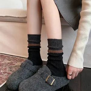Winter wool and mink velvet mid-calf socks in black and brown contrast color design