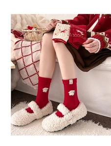 Detailansicht der roten Winterwollsocken mit süßer weißer Hundestickerei und Schleife