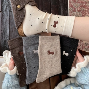 Women's Crew Socks Cashmere Cotton Blend Cartoon Dog Embroidery Polka Dot Warm Winter Japanese Retro