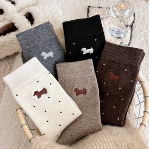 Cozy cashmere blend socks with cute dog embroidery and polka dots in a five-pack set