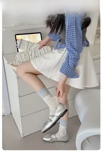 Close-up of agaric lace socks with blue stripes and polka dots worn with Mary Jane shoes