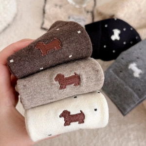 Cozy cashmere blend crew socks with cartoon dog embroidery and polka dots in 5 colors