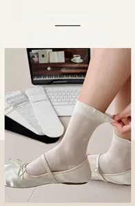 Detail of breathable heart pattern mesh socks with high-elasticity cuffs and soft texture
