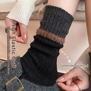 Thick wool blend crew socks with color-block knit pattern and elastic ribbed cuffs for winter