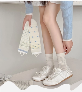 Detail showing blue polka dots and cream stripes on knitted mid-calf cotton socks