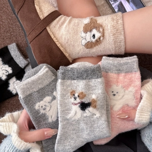 Women Winter Thick Warm Wool Socks Cute Cartoon Dog Pattern Mid-Calf Crew Socks Korean Style Patchwork Thermal Casual Hosiery