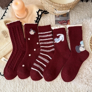 5-pack thick wine red wool socks with cute animal embroidery and knit patterns