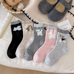 5-pack thick wool socks for women with cute cartoon puppy embroidery in assorted colors