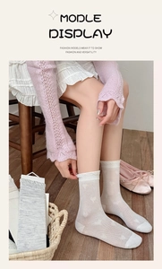 Detailed macro view of white silk mesh socks with heart patterns and bubble cuffs