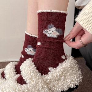 Cozy burgundy wool socks with cute animal patterns and ruffled trim for winter warmth