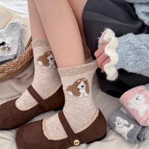 Cute cartoon puppy wool socks in cream white with a soft knitted texture for winter