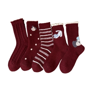 Five pack of thick burgundy wool socks for women featuring cute cartoon animal patterns