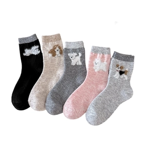 Five pack of warm wool socks with cute cartoon dog embroidery in various colors