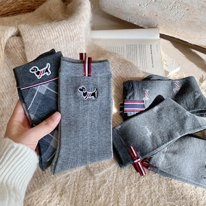Women Crew Socks Soft Cotton Blend Embroidered Cartoon Dog Tricolor Ribbon Ribbed Striped Argyle Casual Korean Style