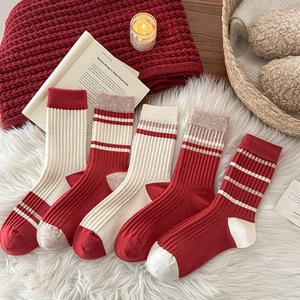Women Crew Socks Soft Warm Knit Striped Ribbed Mid-Calf Winter Autumn Casual Fashion Elastic Comfy Festive Breathable