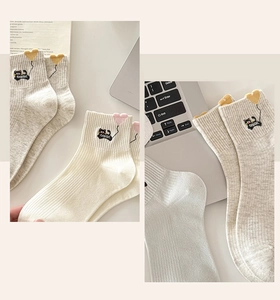 Detailed view of cute cat embroidery and 3D heart on ribbed cotton ankle socks