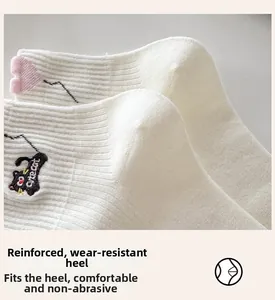 Detailed macro view of white cotton socks with pink heel and cute cat embroidery