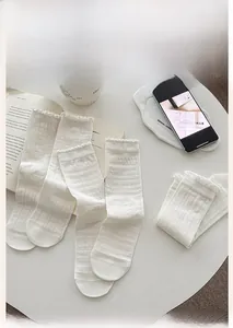 Détail de chaussettes blanches style ballet avec dentelle et textures côtelées verticales