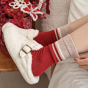 Cosy cashmere blend striped crew socks with warm fleece-lined slippers for winter comfort