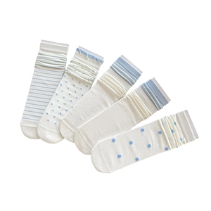 Five pairs of white and sky blue crew socks with patterns like stripes and polka dots