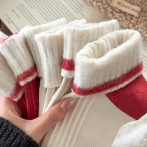 Thick cashmere blend striped socks for women in red and white crew length style