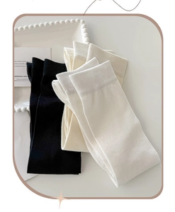 Detailed close-up of ribbed cuffs on silk knee-high socks in black, white and beige colors