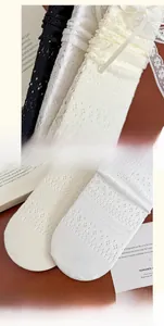 Detail of reinforced heel and flat seam on ballet style mesh knit socks in three colors