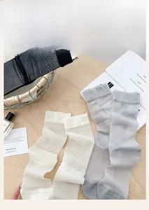 Detail of sheer mesh crew socks with vertical ribbed texture in neutral colors