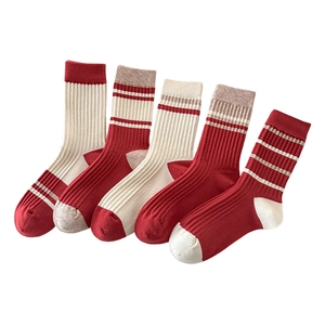Five pairs of thick cashmere blend striped crew socks in red and grey colors