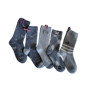 Set of five grey mid-calf socks with dachshund embroidery and tri-color ribbon detail